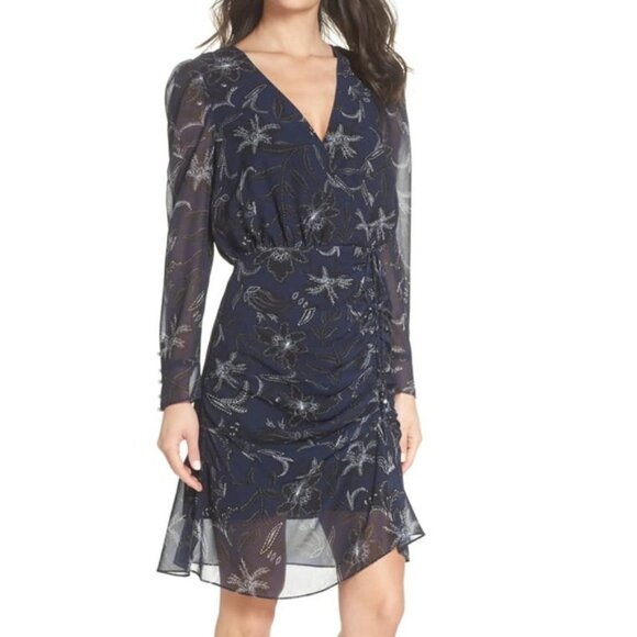 Sam Edelman Dresses & Skirts - Sam Edelman Navy Floral Chiffon Faux Wrap Dress Size 2